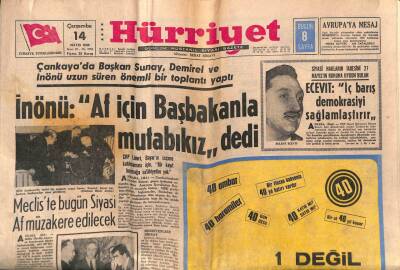 Hürriyet Gazetesi 14 Mayıs 1969 - Mecliste Bugün Siyasi Af Müzakere Edilecek GZ72022 - 1