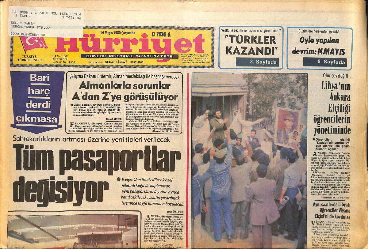 Hürriyet Gazetesi 14 Mayıs 1980 - Türkân Şoray İlk Kez Çıktığı Sahnede Almanya'daki Yurttaşlarımızın Gönüllerini Fethetti GZ157767 - 1