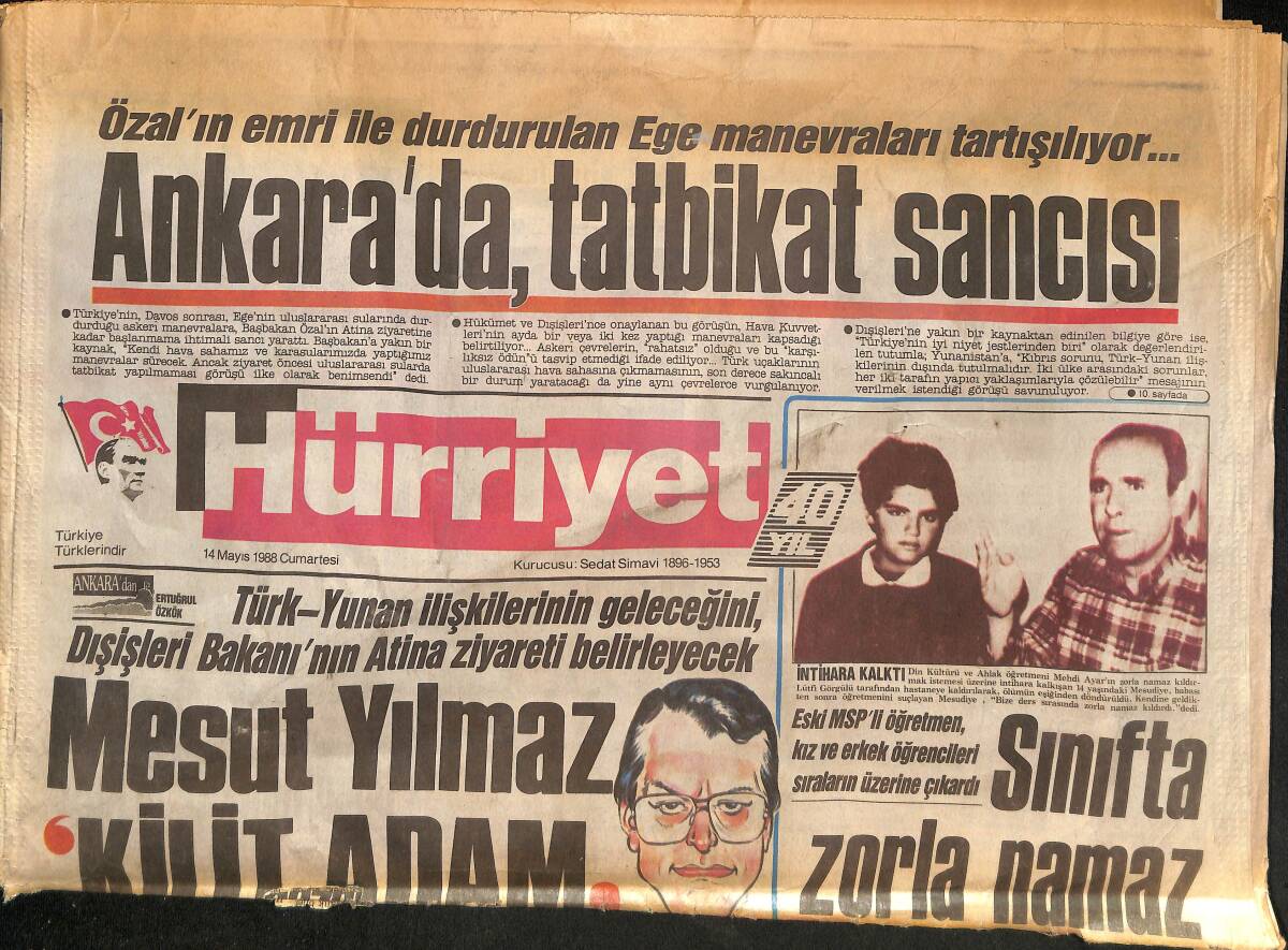 Hürriyet Gazetesi 14 Mayıs 1988 - Özal İle Melina Eskileri Konuştu - DYP'de Kongre Gerilimi GZ132999 - 1