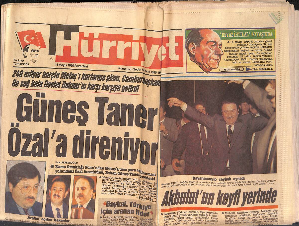 Hürriyet Gazetesi 14 Mayıs 1990 - Güneş Taner Özal'a Direniyor - Kartal'ın Çılgın Gecesi - Semra Özal'ın Elini Öpmek İçin Yarıştılar GZ151639 - 1
