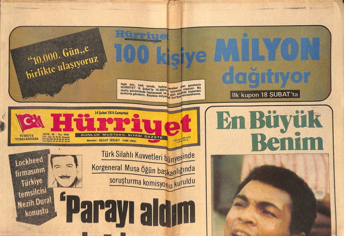 Hürriyet Gazetesi 14 Şubat 1976 - Yumruk Atan Eller Kalem Tuttu * Muhammed Ali Clay - Uludağ'da Çılgınca Eğlence GZ147014 - 1