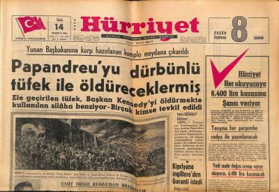 Hürriyet Gazetesi 14 Temmuz 1964 - Papandreuyu Dürbünlü Tüfek İle Öldüreceklermiş GZ81840 - 1