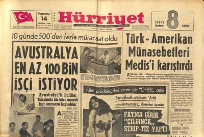Hürriyet Gazetesi 14 Temmuz 1966 - Fatma Girik Çılgınca Stripriz Yaptı - Avustralya En Az 100 Bin İşçi İstiyor GZ123218 - 1