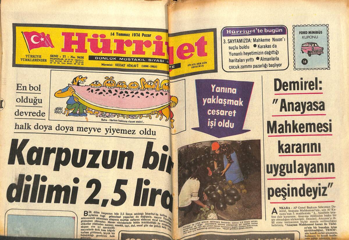 Hürriyet Gazetesi 14 Temmuz 1974 - Mısır'da 170 Milyonluk Esrar Ele Geçirildi - Karpuzun Bir Dilimi 2.5 Lira GZ142451 - 1