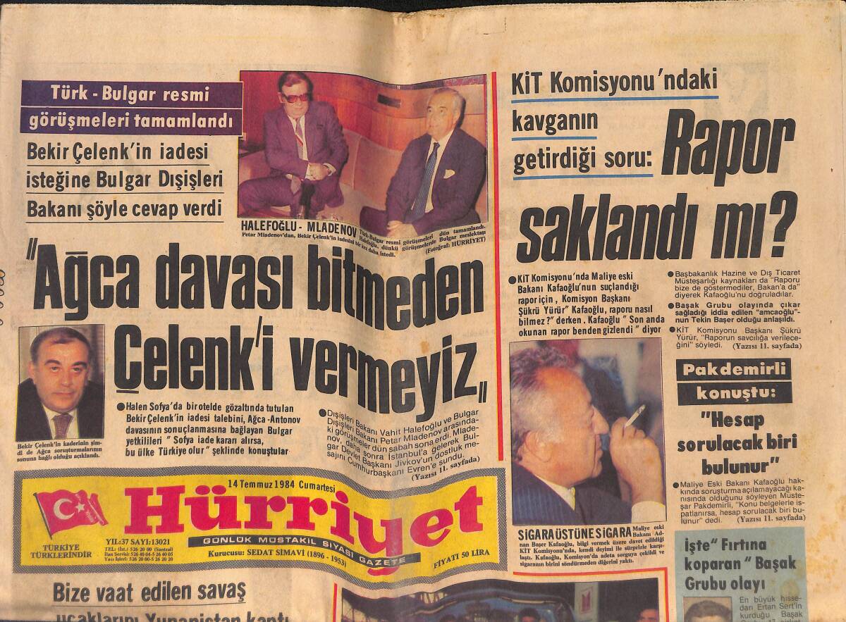 Hürriyet Gazetesi 14 Temmuz 1984 - Ağca Davası Bitmeden Çelenk'i Vermeyiz - Galatasaray Yarım Milyarı Aştı - Muhammed Ali'nin Gizlediği Kızı; Miya GZ132665 - 1