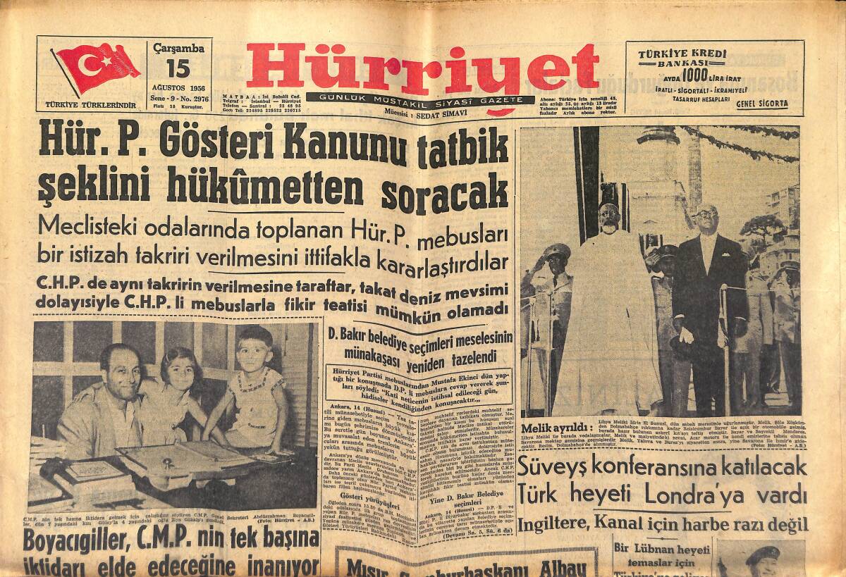 Hürriyet Gazetesi 15 Ağustos 1956 - Zeki Müren Davacı Ve Davalı Durumunda - Süveyş Konferansına Katılacak Türk Heyeti Londra'ya Vardı GZ146911 - 1