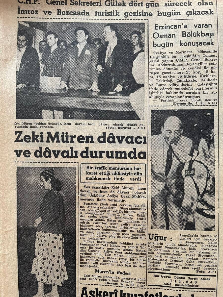 Hürriyet Gazetesi 15 Ağustos 1956 - Zeki Müren Davacı Ve Davalı Durumunda - Süveyş Konferansına Katılacak Türk Heyeti Londra'ya Vardı GZ146911 - 2