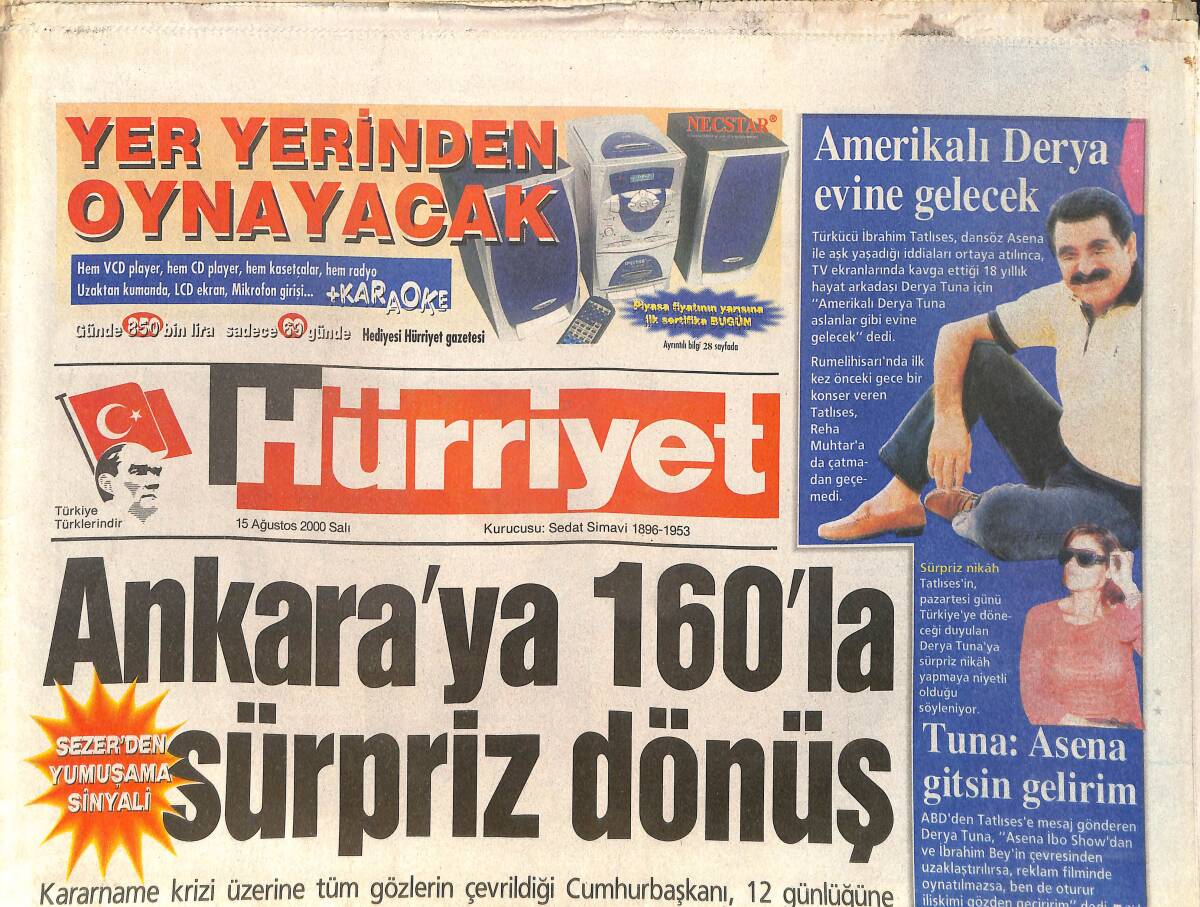Hürriyet Gazetesi 15 Ağustos 2000 - Dumlupınar Gibi Rus Denizaltısı - Tuğba Özay'a Ayrılık Yaradı GZ3785 - 1