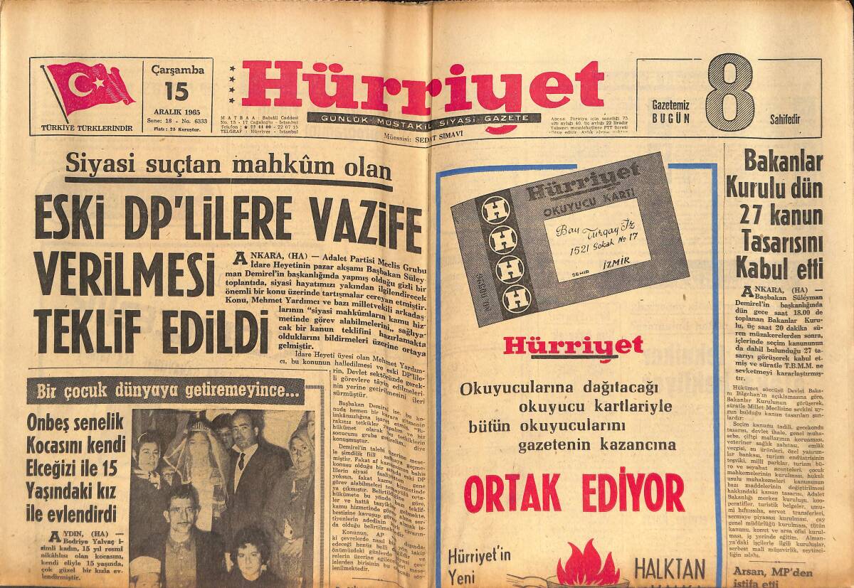 Hürriyet Gazetesi 15 Aralık 1965 - Filmcilerin Modern Afrodit Diye Adlandırdıkları Zoi Laskari - Karısını Öldürmekten Sanık Tom Neal GZ146877 - 1
