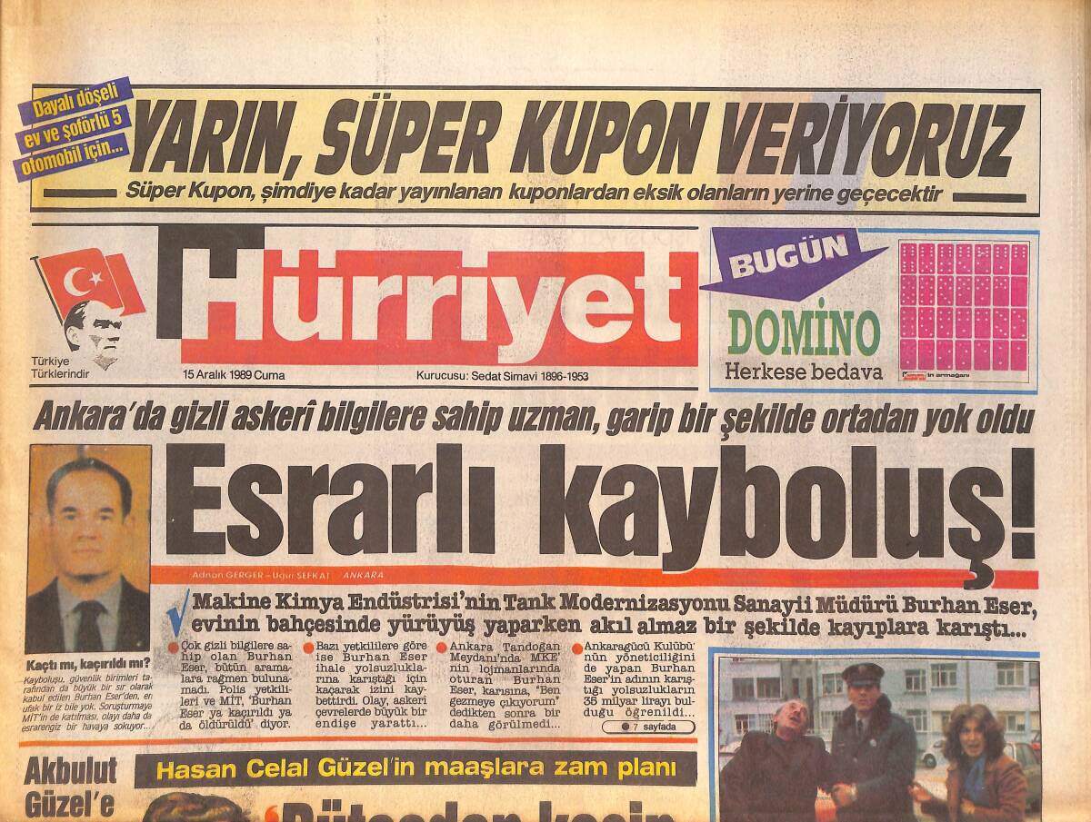 Hürriyet Gazetesi 15 Aralık 1989 - Bülent Ersoy Berlin'de Şahane Bir Villa Satın Aldı - THY Uçağı , Martılar Yüzünden Büyük Tehlike Atlattı GZ133085 - 1