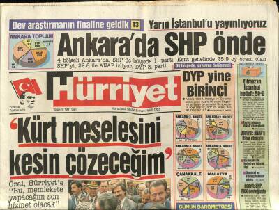 Hürriyet Gazetesi 15 Ekim 1991 - Turgut Özal,Kürt Meselesini Kesin Çözeceğim GZ89128 - 1