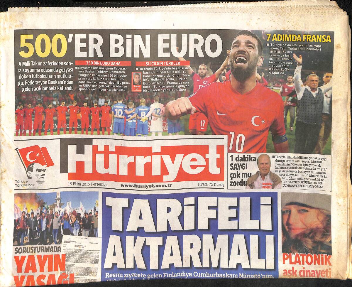 Hürriyet Gazetesi 15 Ekim 2015 - RTÜK'ten 7 Kanal Uyarısı - A Milli Takım Zaferinden Sonra 500'er Bin Euro GZ159664 - 1