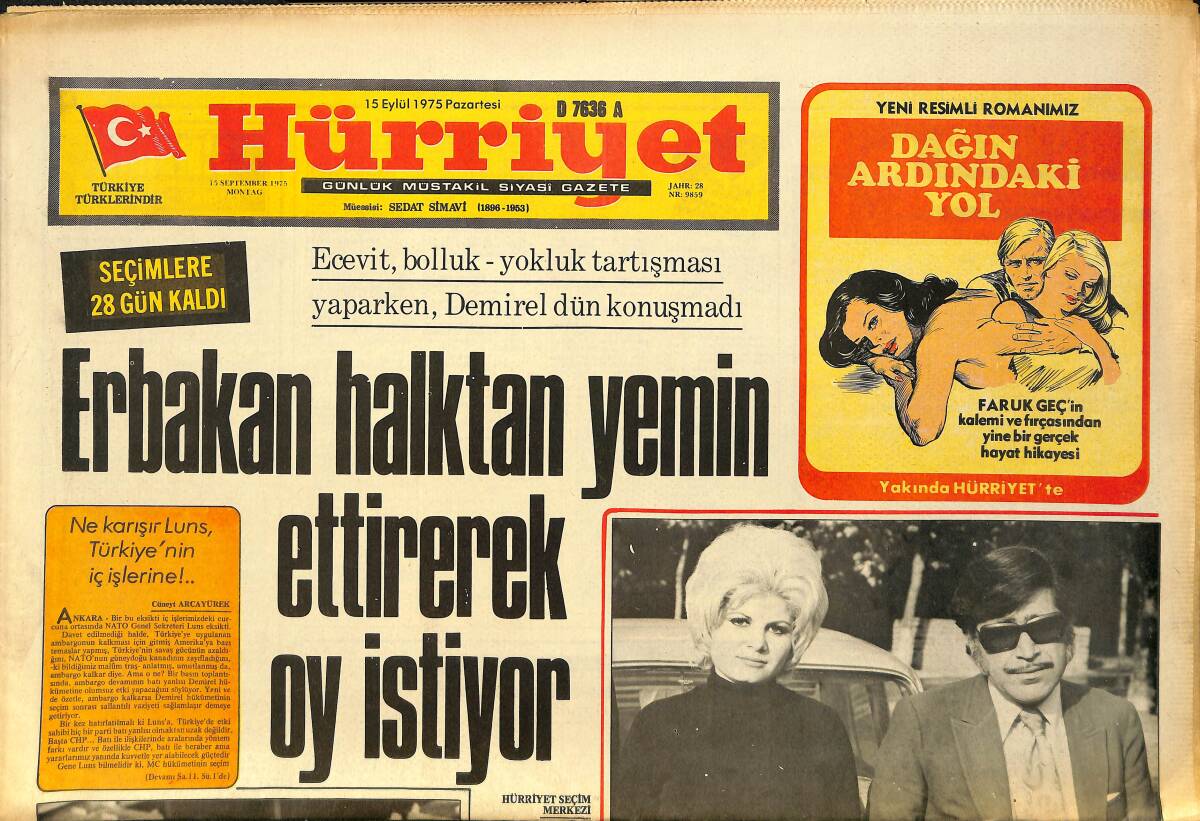 Hürriyet Gazetesi 15 Eylül 1975 - Erbakan Halktan Yemin Ettirerek Oy İstiyor - Hülya Sözer'in İfadesi Alındı GZ157518 - 1