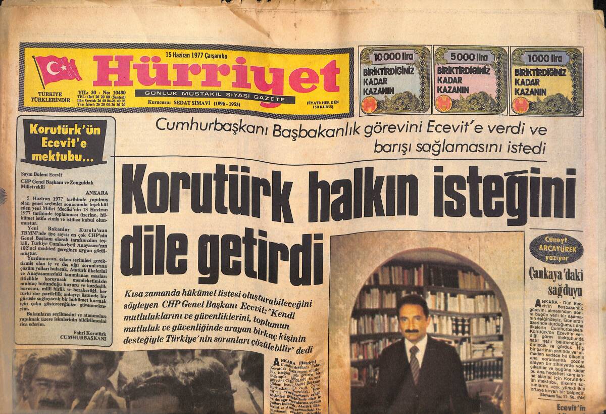 Hürriyet Gazetesi 15 Haziran 1977 - Ecevit Köşke Nasıl Çıktı - İtalya'da Öldürülen Türkiye Büyükelçisi Taha Carım'ın Cenazesi Bugün GZ132495 - 1