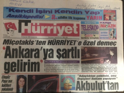 Hürriyet Gazetesi 15 Haziran 1991 - Miçotakisten Hürriyete Özel Demeç - GZ12025 - 2