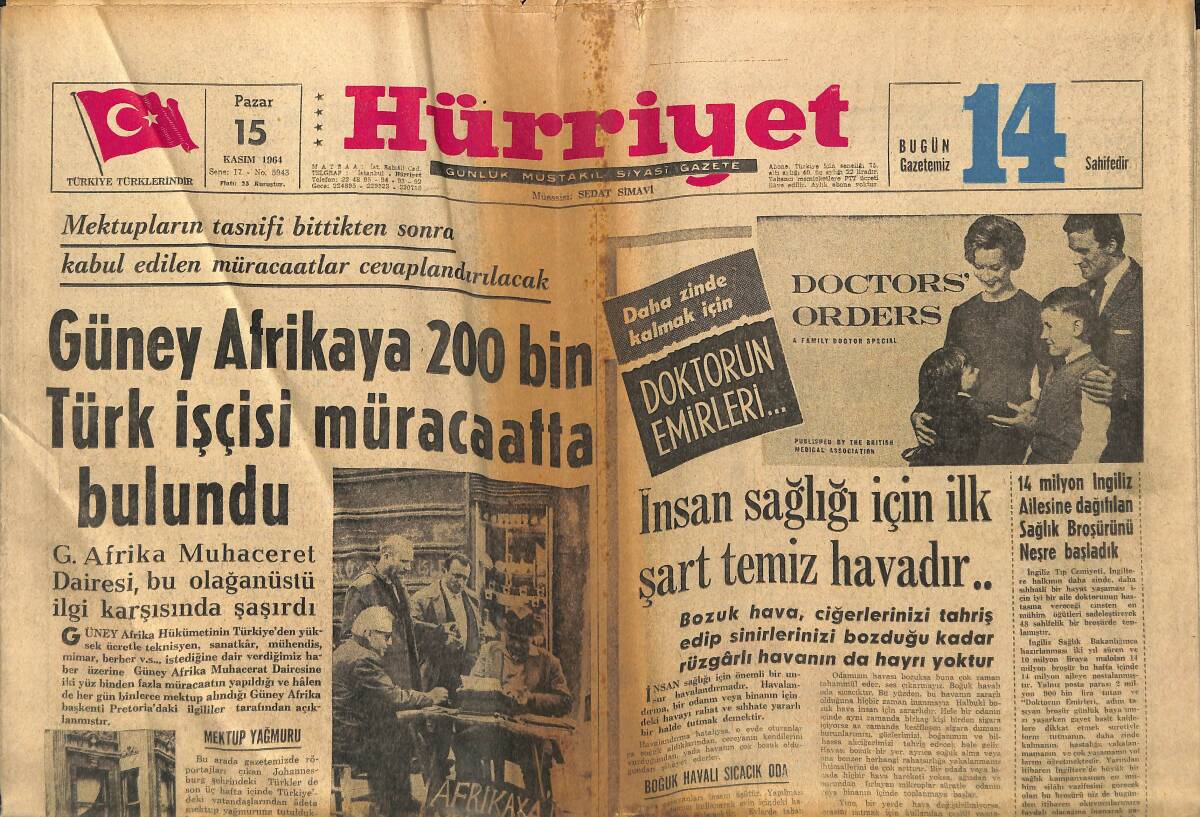 Hürriyet Gazetesi 15 Kasım 1964 - Güney Afrikaya 200 Bin Türk İşçisi Müracaatta Bulundu - Celâl Bayar , Kendi İsteği İle Amerikan Hastanesine Yattı GZ147023 - 1