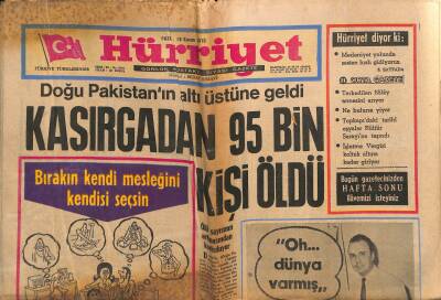 Hürriyet Gazetesi 15 Kasım 1970 - Doğu Pakistanın Altı Üstüne Geldi Kasırgadan 95 Bin Kişi Öldü GZ117500 - 1