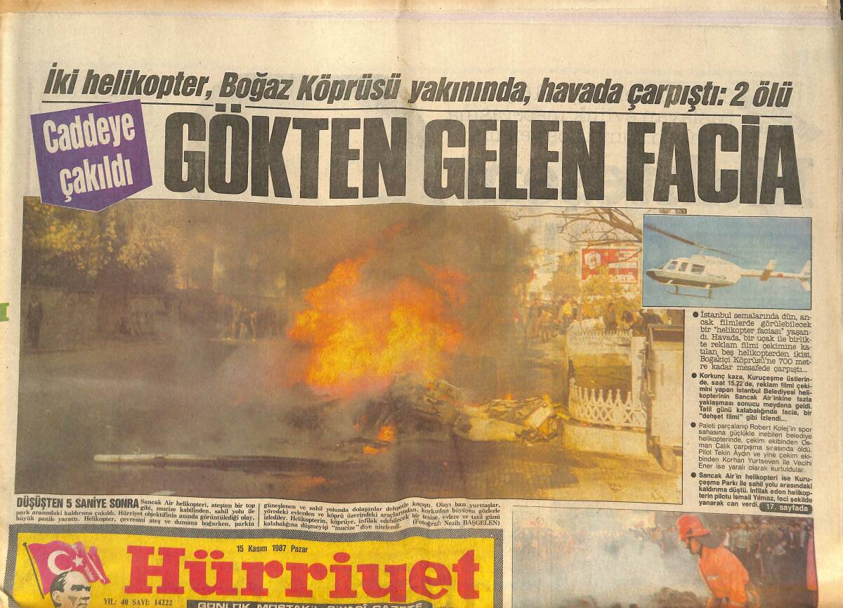Hürriyet Gazetesi 15 Kasım 1987 - Boğaz Köprüsü Yakınında Gökten Gelen Facia - Kalp Krizine Paydos GZ142364 - 1