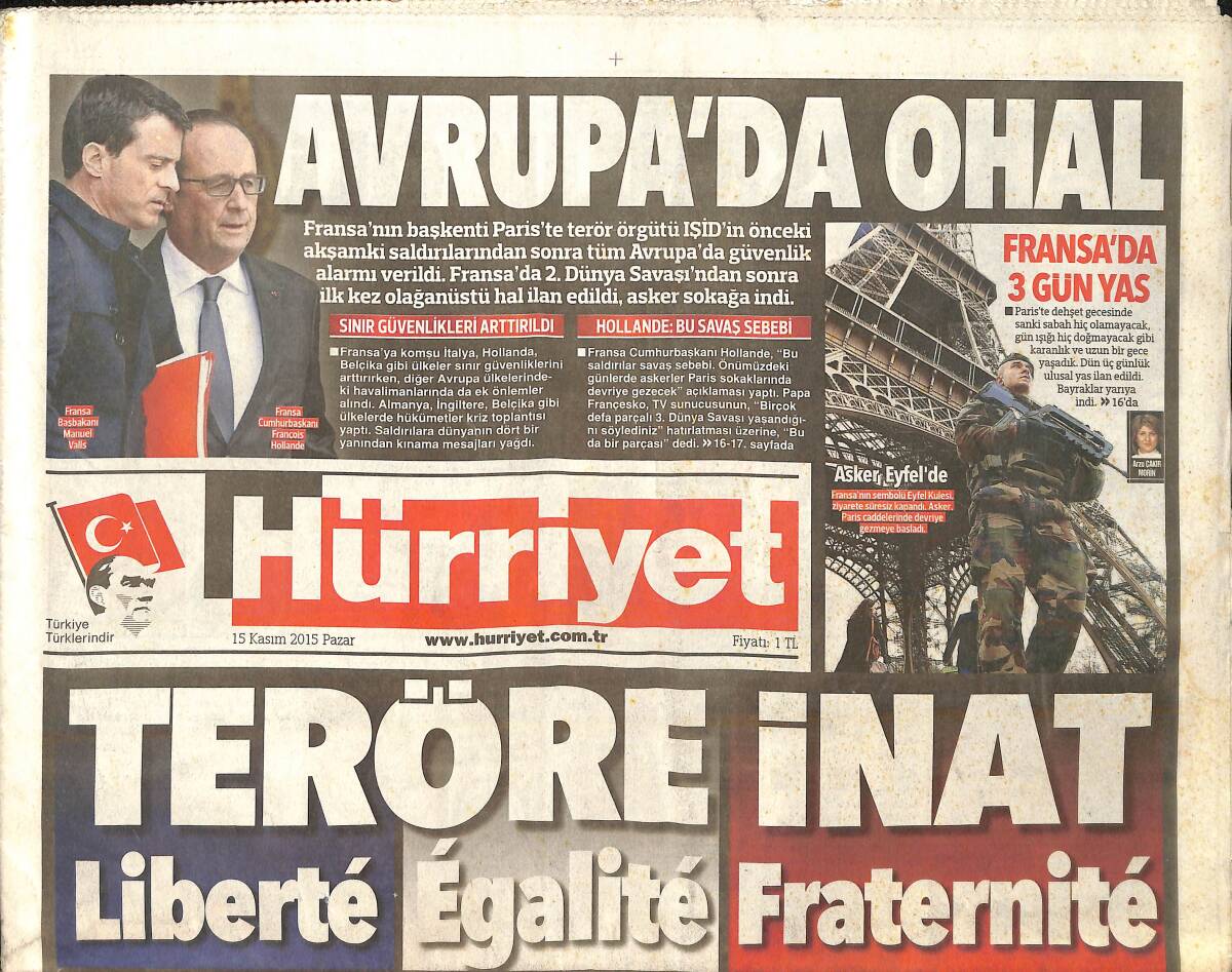 Hürriyet Gazetesi 15 Kasım 2015 - Avrupa'da OHAL - Antalya'da Gündem Paris GZ159633 - 1