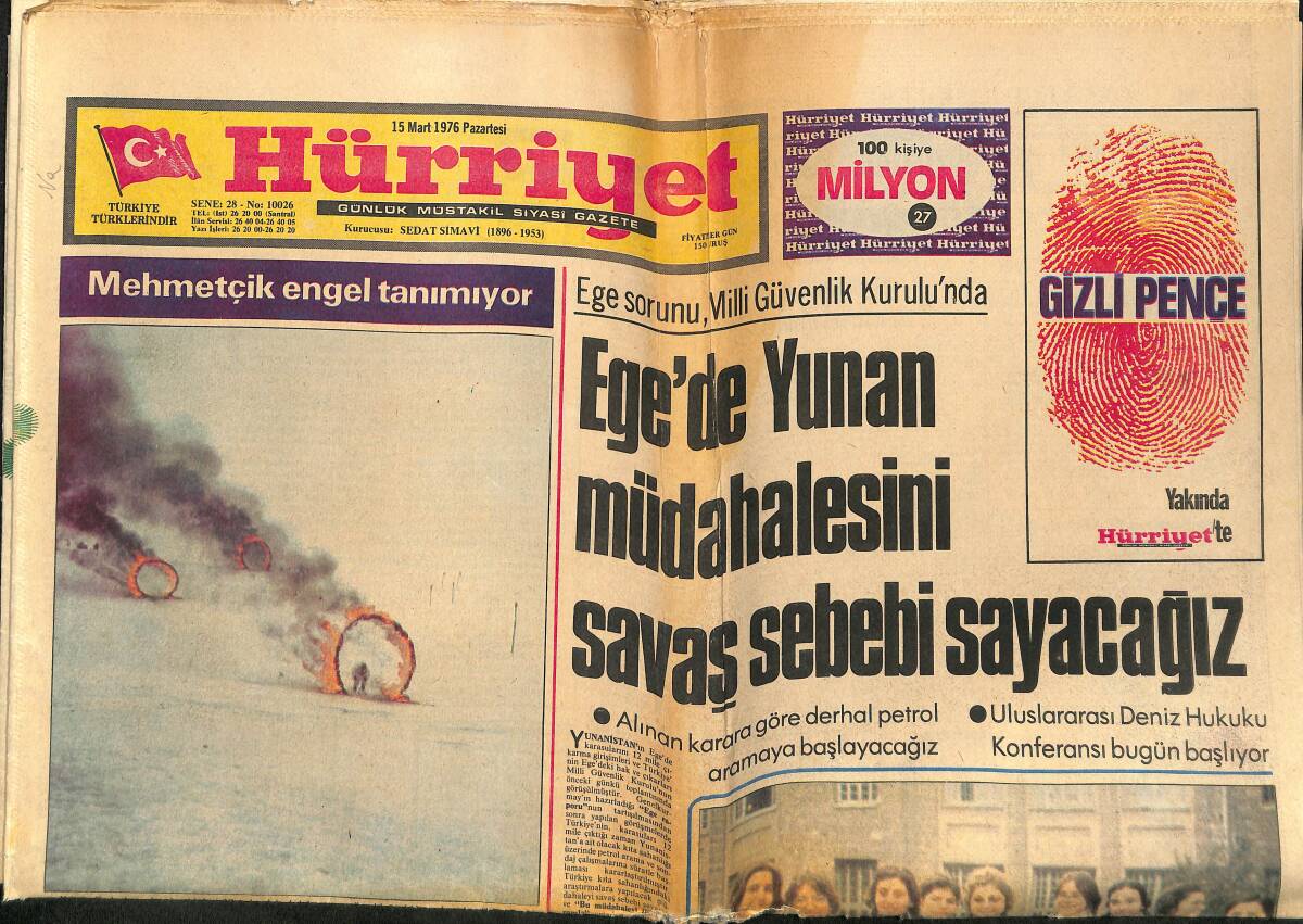 Hürriyet Gazetesi 15 Mart 1976 - Bülent Ersoy Bebek Maksim Afiş - Ege'de Yunan Müdahalesini Savaş Sebebi Sayacağız - Galatasaray Attı Beşiktaş Sevindi GZ140474 - 1