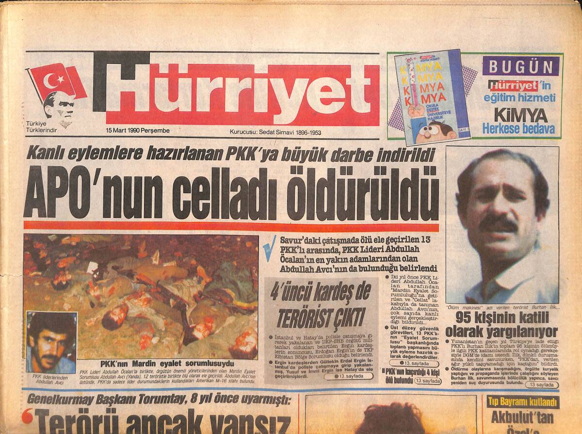 Hürriyet Gazetesi 15 Mart 1990 - APO'nun Celladı Öldürüldü - Emeç Cinayeti İçin Üç Özel Ekip Kuruldu GZ133060 - 1