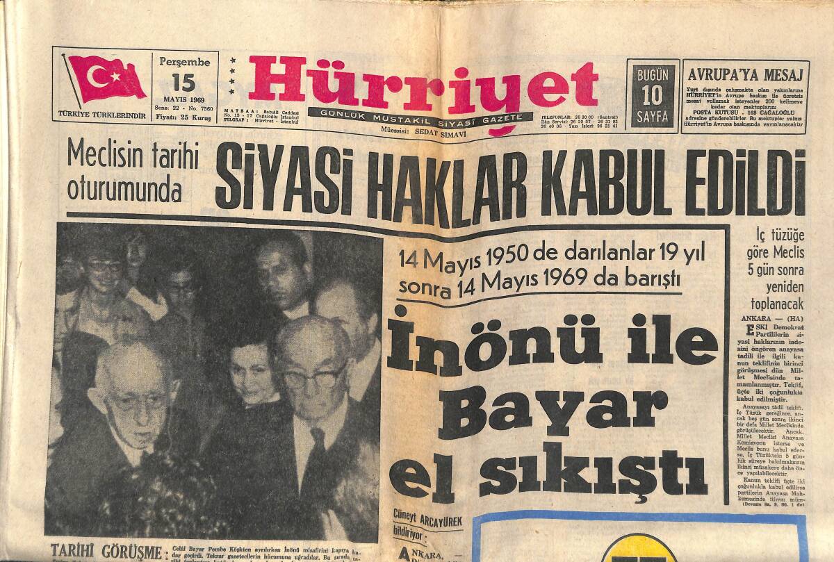 Hürriyet Gazetesi 15 Mayıs 1969 - İnönü İle Bayar El Sıkıştı - İnter'in Türkiye'yi İşgal Planı - Galatasaray İşi Bitiriyor GZ140465 - 1