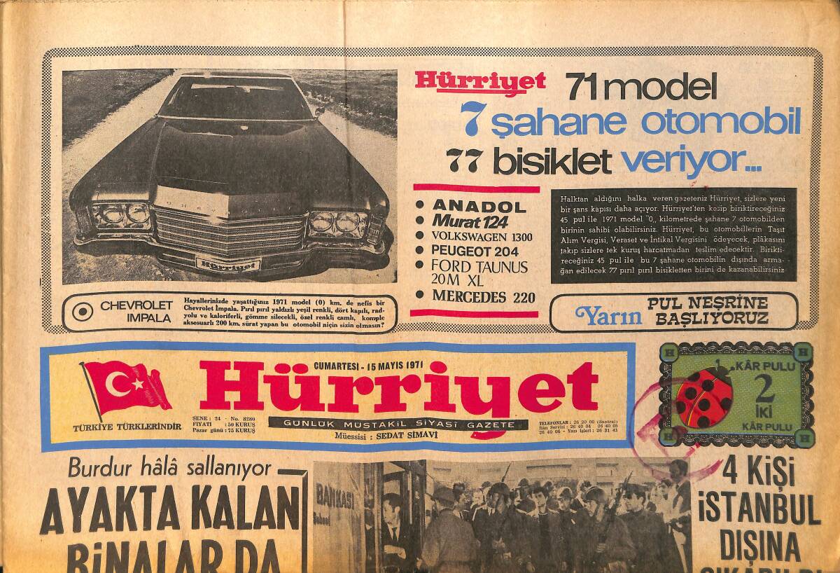 Hürriyet Gazetesi 15 Mayıs 1971 - Tokatspor Kaza Geçirdi Kaleci Öldü - Ömer Ayna Gizli Örgütü Anlattı GZ157780 - 1
