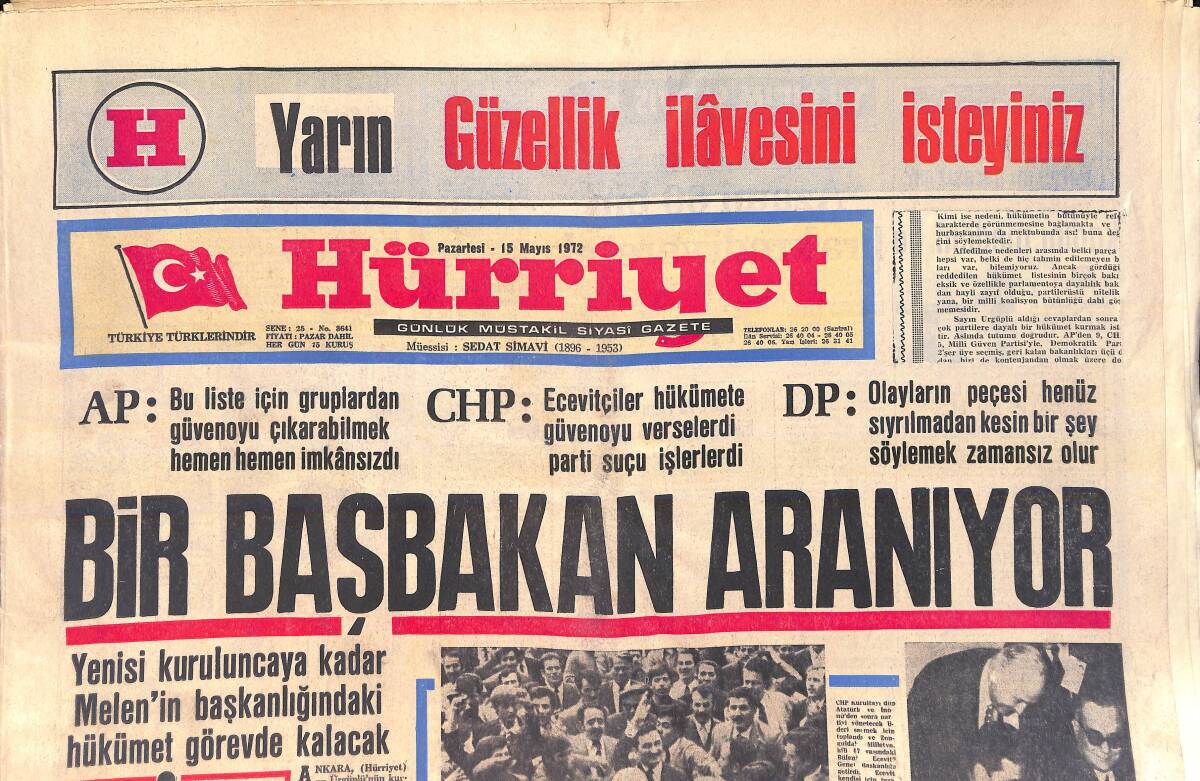 Hürriyet Gazetesi 15 Mayıs 1972 - CHP Genel Başkanı Ecevit - Bir Başbakan Aranıyor GZ156928 - 1