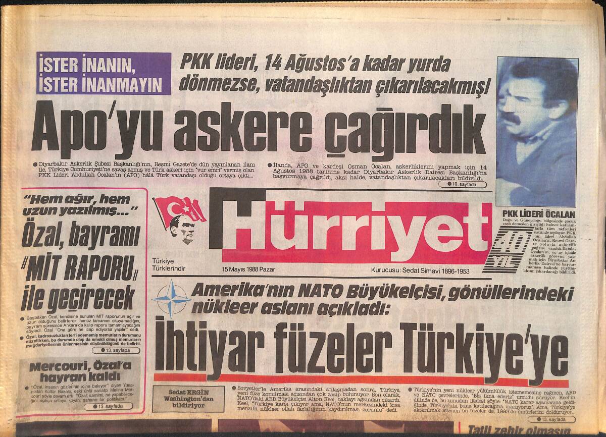 Hürriyet Gazetesi 15 Mayıs 1988 - ANAP'ın Aydın'daki Yemeğine 6 Bin Kişi Katıldı - Apo'yu Askere Çağırdık GZ132955 - 1