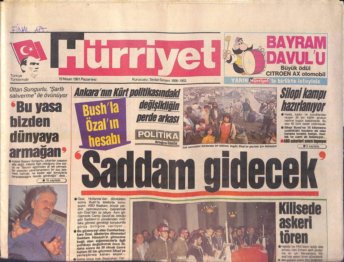 Hürriyet Gazetesi 15 Nisan 1991 - THY Grevinde Umut Tükendi - Galatasaraylı Oyuncu Sakatım Dedi Doktor Sağlam Teşhisi Koydu GZ156002 - 1