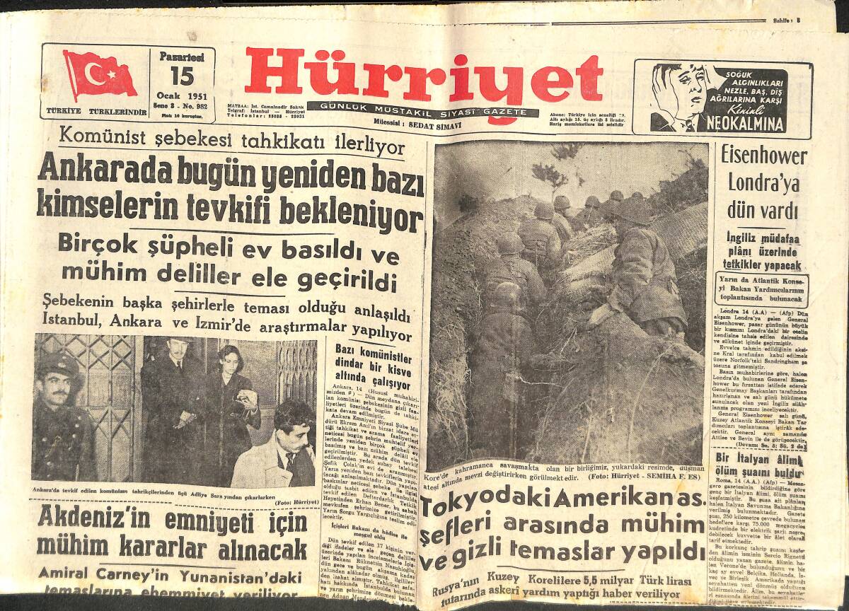 Hürriyet Gazetesi 15 Ocak 1951 - Ankara'da Bugün Yeniden Bazı Kimselerin Tevkifleri Bekleniyor - Akdeniz'in Emniyeti İçin Mühim Kararlar Alınıyor! GZ142579 - 1