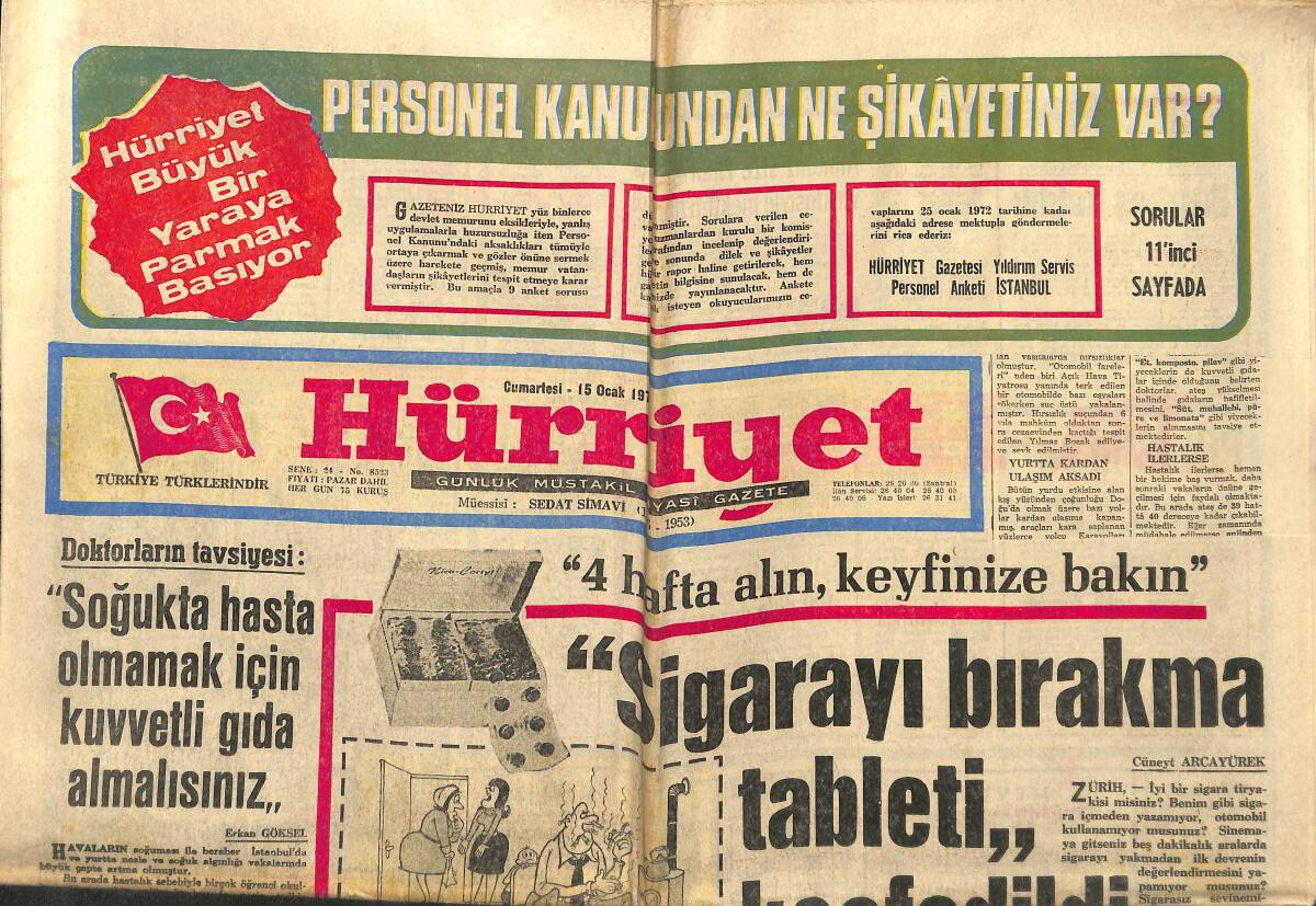 Hürriyet Gazetesi 15 Ocak 1972 - Sigarayı Bırakma Tableti Keşfedildi - Yeni Gözlüğünü Takan İnönü: Dünyayı Daha İyi Görüyorum! GZ140623 - 1