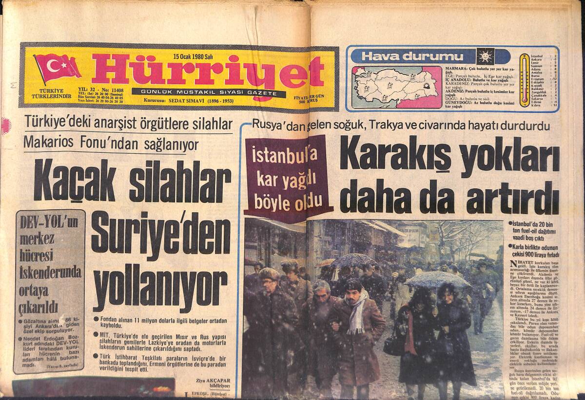 Hürriyet Gazetesi 15 Ocak 1980 - Profilo'nun İdare Binası Yandı - Kaçak Silahlar Suriye'den Yollanıyor GZ155996 - 1