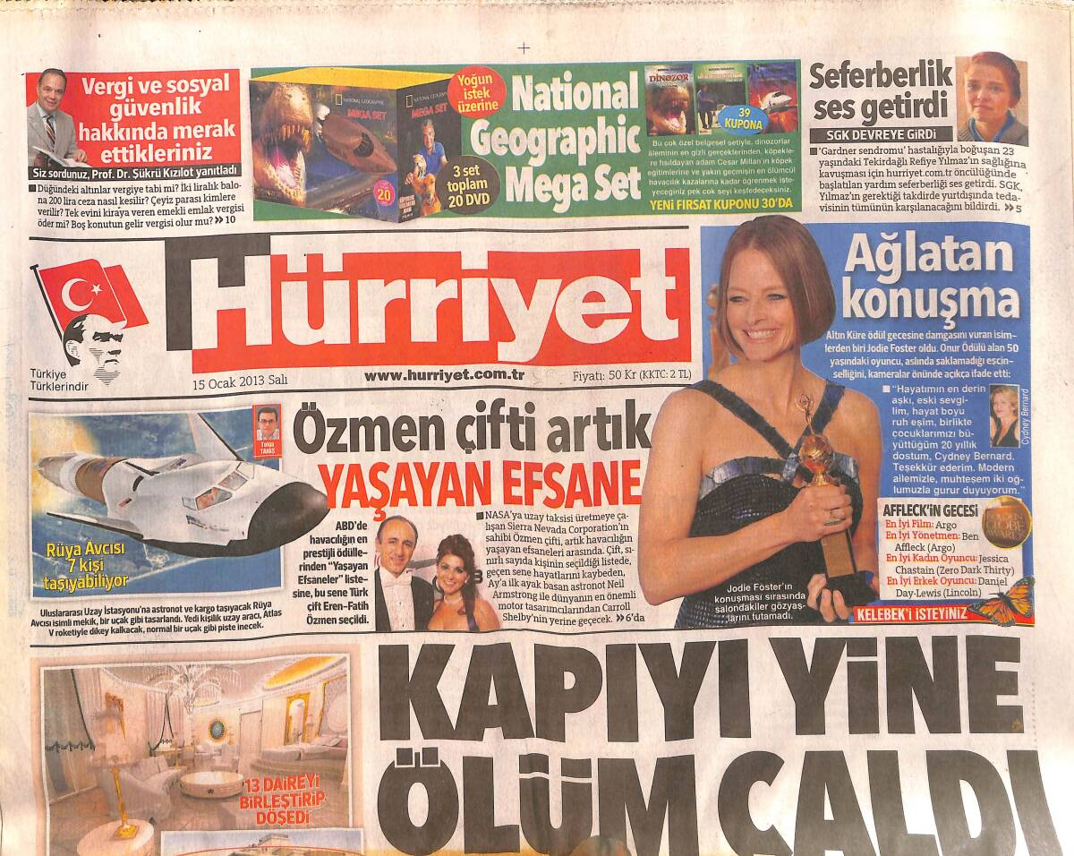Hürriyet Gazetesi 15 Ocak 2013 - İbo , Mavi Mavi Filmindeki Gibi - Özmen Çifti Artık Yaşayan Efsane GZ160107 - 1