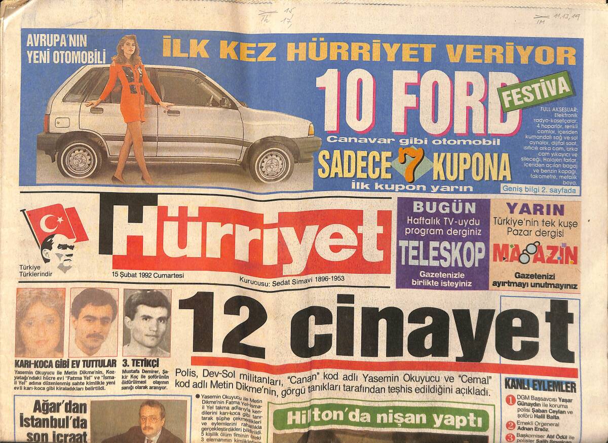 Hürriyet Gazetesi 15 Şubat 1992 - Manukyan Torununa 2 Milyarlık Takı Taktı - Bush, Özal'ın Gönlünü Aldı - Demirel'e 