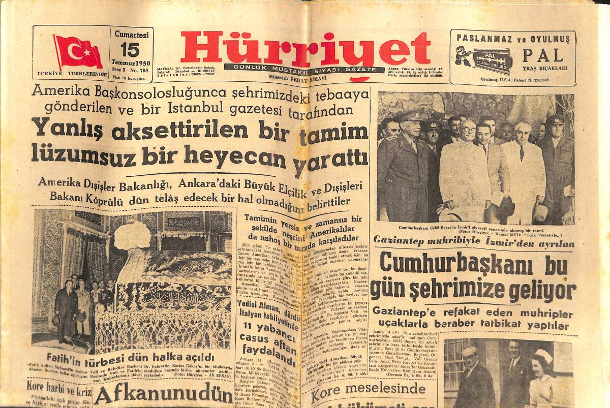 Hürriyet Gazetesi 15 Temmuz 1950 - Fatih'in Türbesi Dün Halka Açıldı - Yeni Basın Kanunu Dün Kabul Olundu GZ142424 - 1