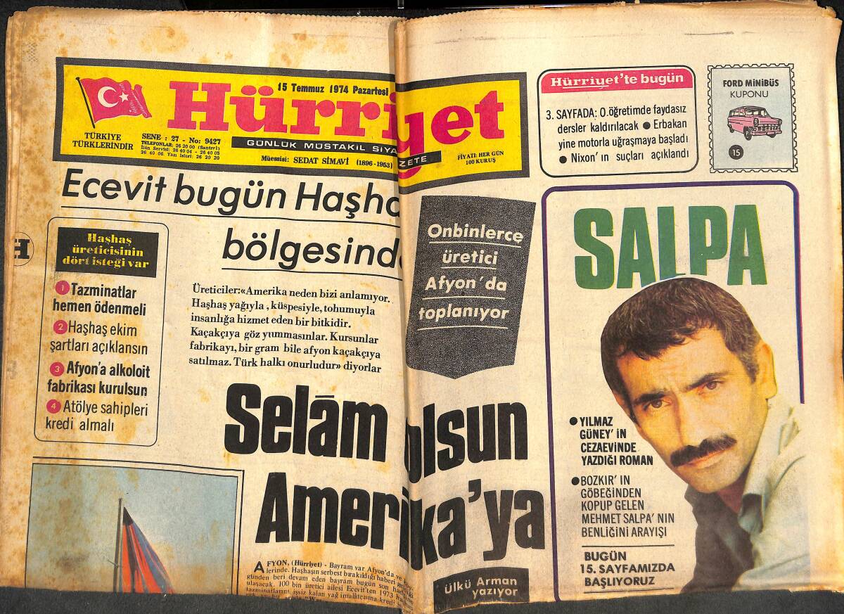 Hürriyet Gazetesi 15 Temmuz 1974 - Yılmaz Güney'in Cezaevi'nde Yazdığı Roman - Müzeyyen Senar'ın Motoru İnfilak Etti GZ142589 - 1