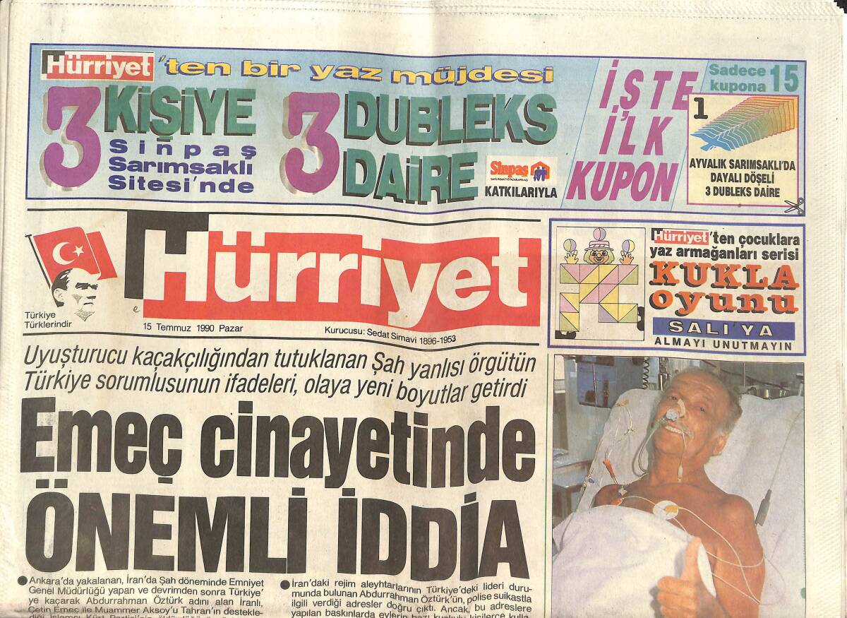 Hürriyet Gazetesi 15 Temmuz 1990 - Emeç Cinayetinde Önemli İddia - Turist Ömer'den Hayata Merhaba GZ142704 - 1