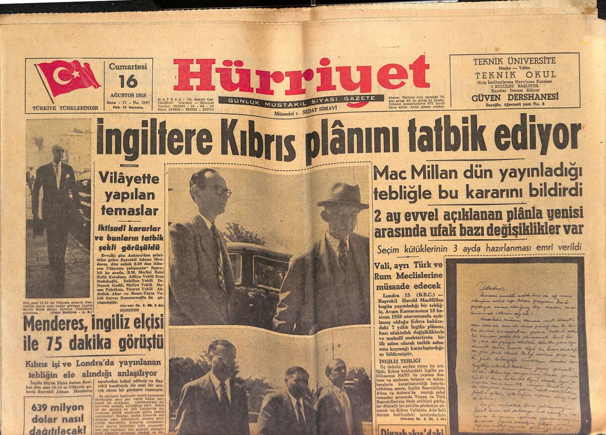 Hürriyet Gazetesi 16 Ağustos 1958 - Tahiye Nasır Hala Eski Günlerinin Kadını - Türk Casusu İngiliz Kemal Kıbrıs Muammasının Peşinde GZ146887 - 1
