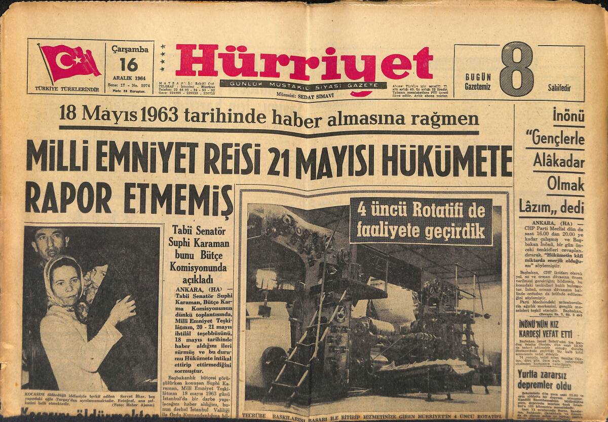 Hürriyet Gazetesi 16 Aralık 1964 - Bizim Şevket Almanya'dan Döndü - Milli Emniyet Reisi 21 Mayısı Hükümete Rapor Etmemiş GZ146942 - 1