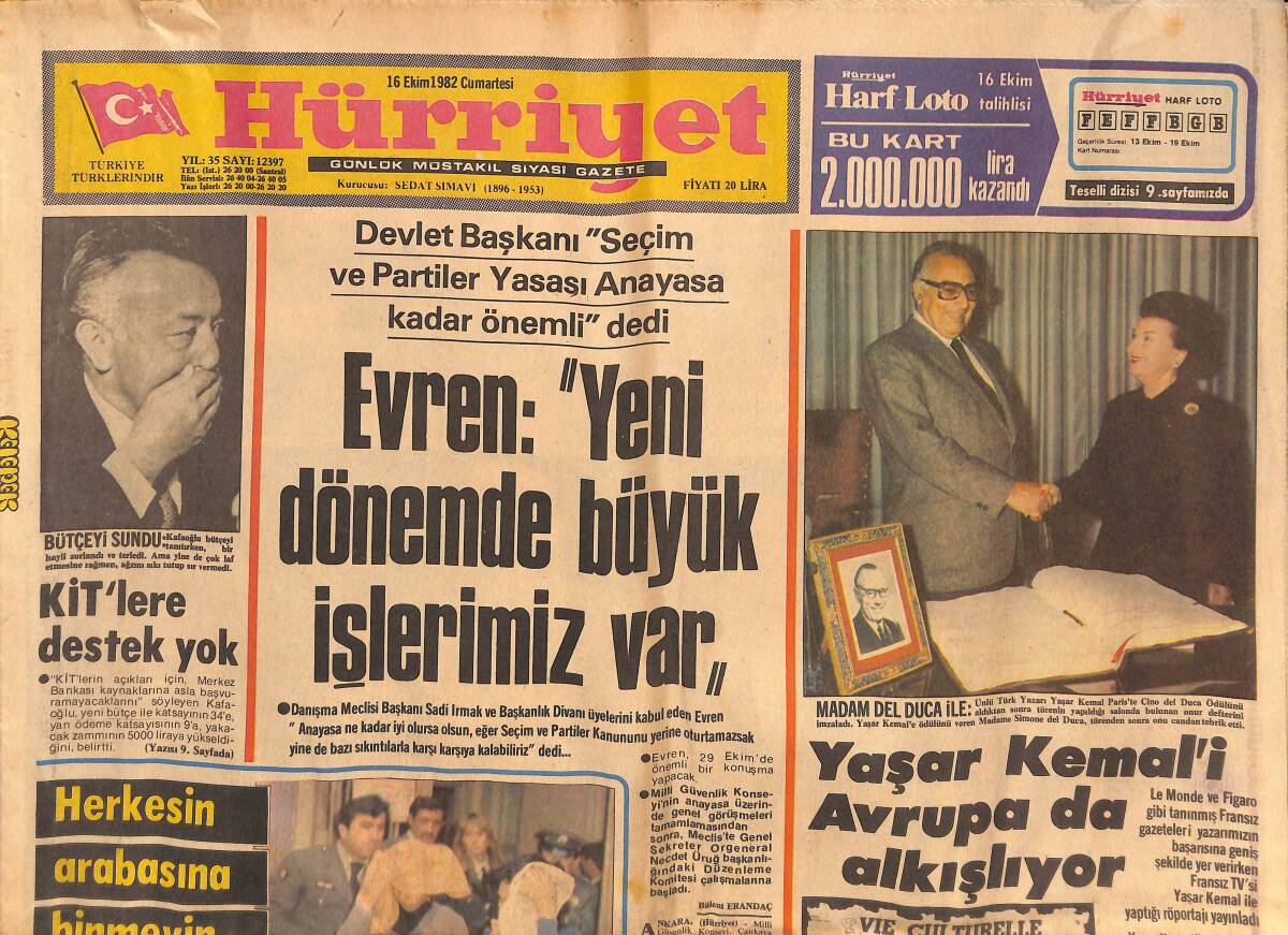 Hürriyet Gazetesi 16 Ekim 1982 - Ecevit Cezaevinden Çıktı - Yaşar Kemal'i Avrupa da Alkışlıyor GZ134486 - 1