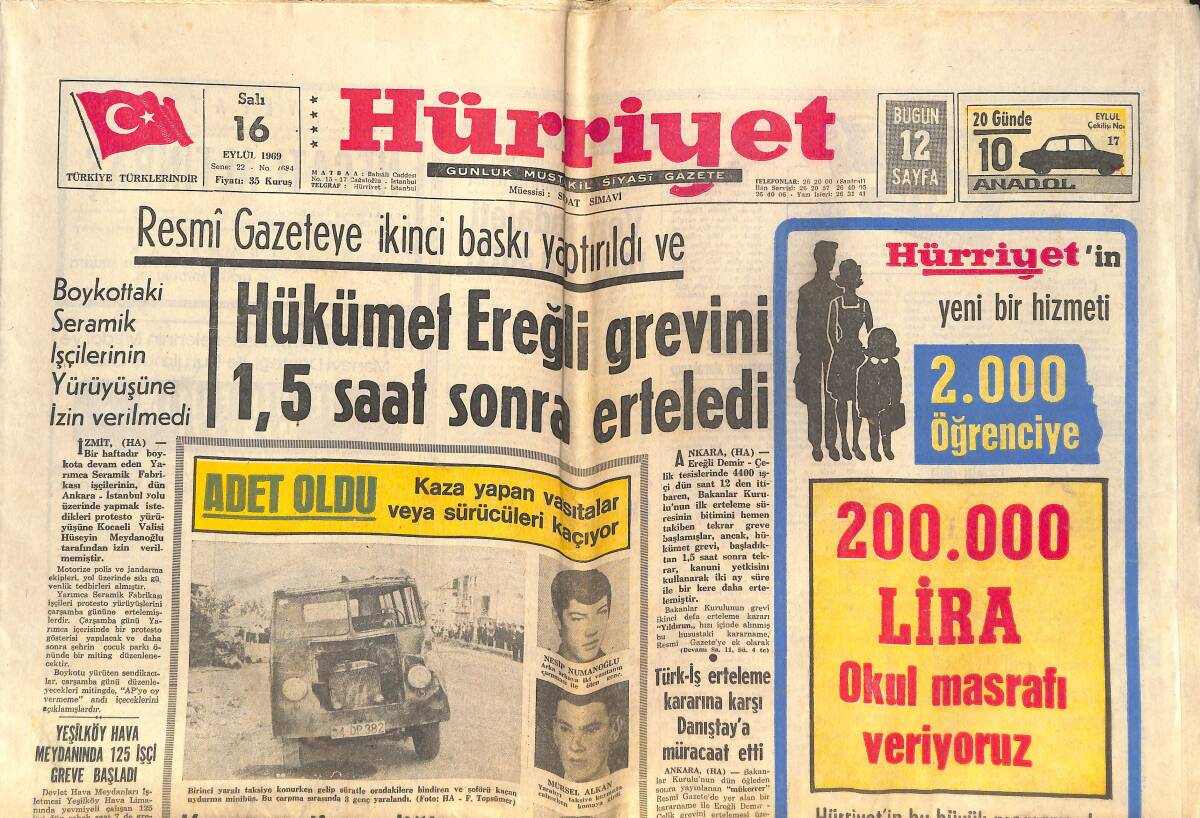 Hürriyet Gazetesi 16 Eylül 1969 - Soprano Callos: Onassis'i Hala Seviyorum - Fenerbahçe'nin Farul Rövanşı Bu Akşam GZ142315 - 1
