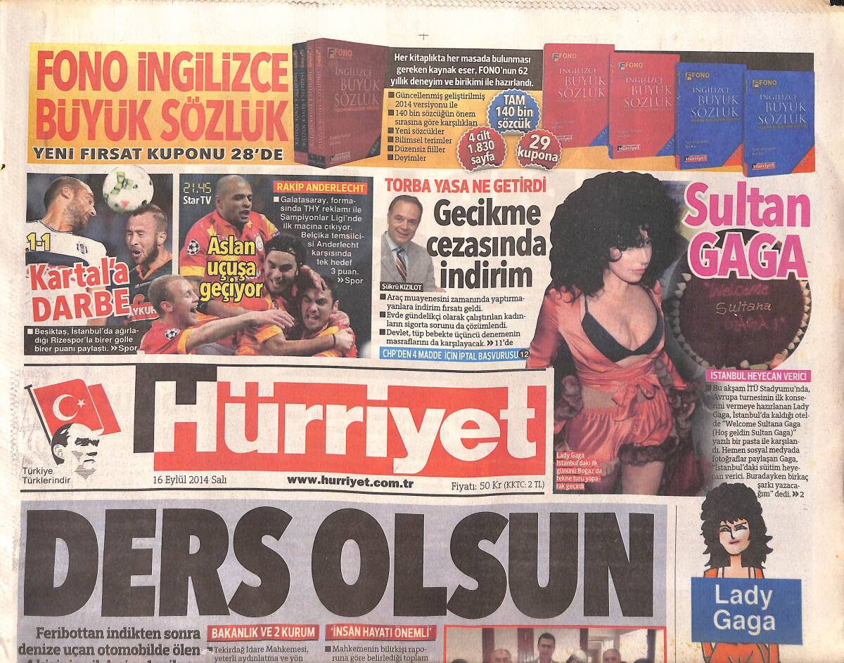 Hürriyet Gazetesi 16 Eylül 2014 - Hoş Geldin Sultan Gaga - Başkan Aziz Yıldırım Fenerbahçe Kolejini Kimseye Bırakmayacaklarını Söyledi GZ155235 - 1