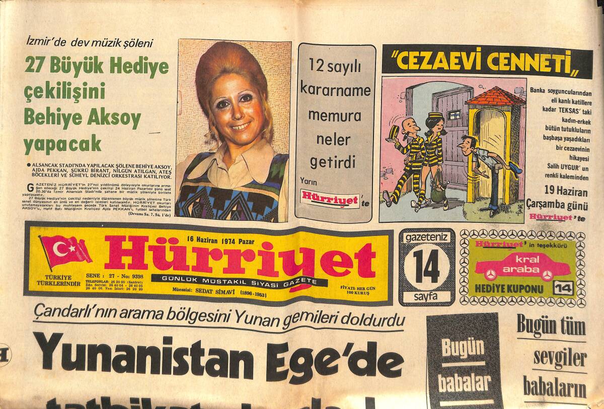 Hürriyet Gazetesi 16 Haziran 1974 - İzmir'de Dev Müzik Şöleni, Behiye Aksoy, Ajda Pekkan - Yunanistan Egede Tatbikata Başladı GZ133991 - 1