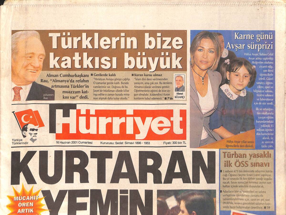 Hürriyet Gazetesi 16 Haziran 2001 - Karne Günü Avşar Sürprizi - 10 Yıl Önceki İlancı Gülben GZ2935 - 1
