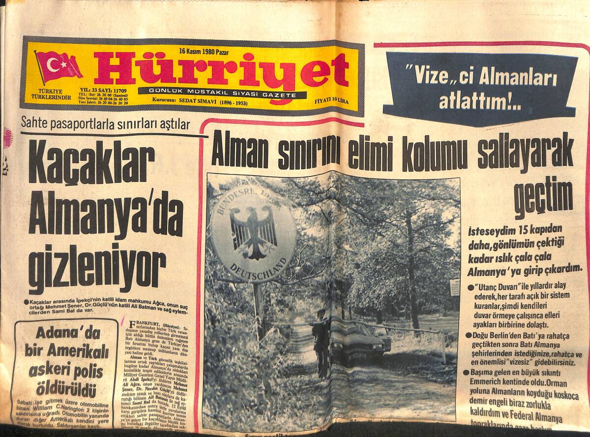 Hürriyet Gazetesi 16 Kasım 1980 - Adana'da Amerikalı Polis Öldürüldü - Bağ Kur Yasası Değişiyor GZ133191 - 1