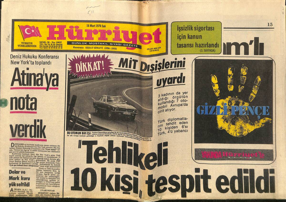 Hürriyet Gazetesi 16 Mart 1976 - MİT Dışişleri Uyardı - Atina'ya Nota Verdi - Lübnan'da İç Savaş Yeniden Patladı GZ140475 - 1