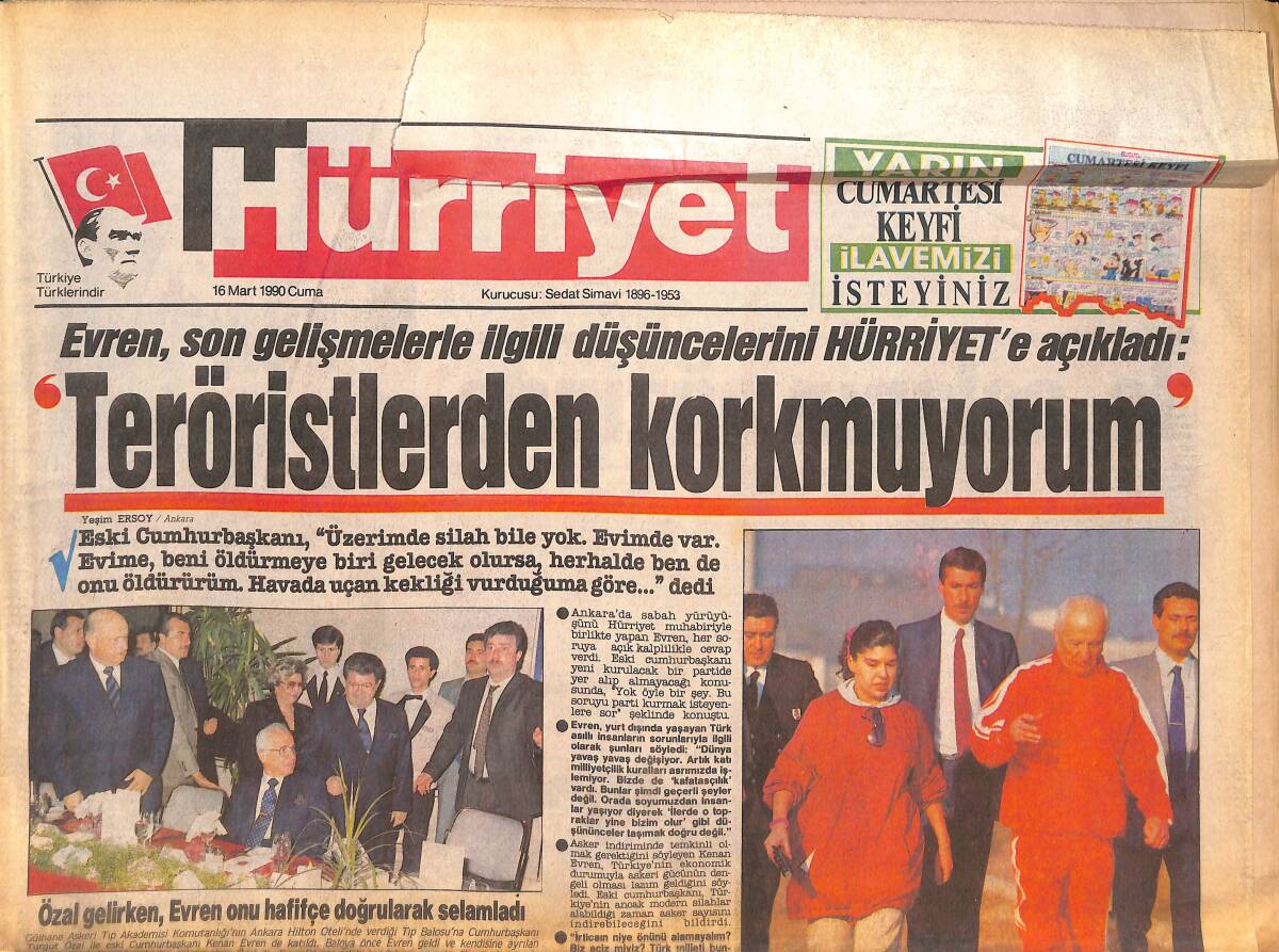 Hürriyet Gazetesi 16 Mart 1990 - Kastelli'yi Vurdular - Emeç'i Öldürenler Tam Bir Profesyonel GZ133058 - 1