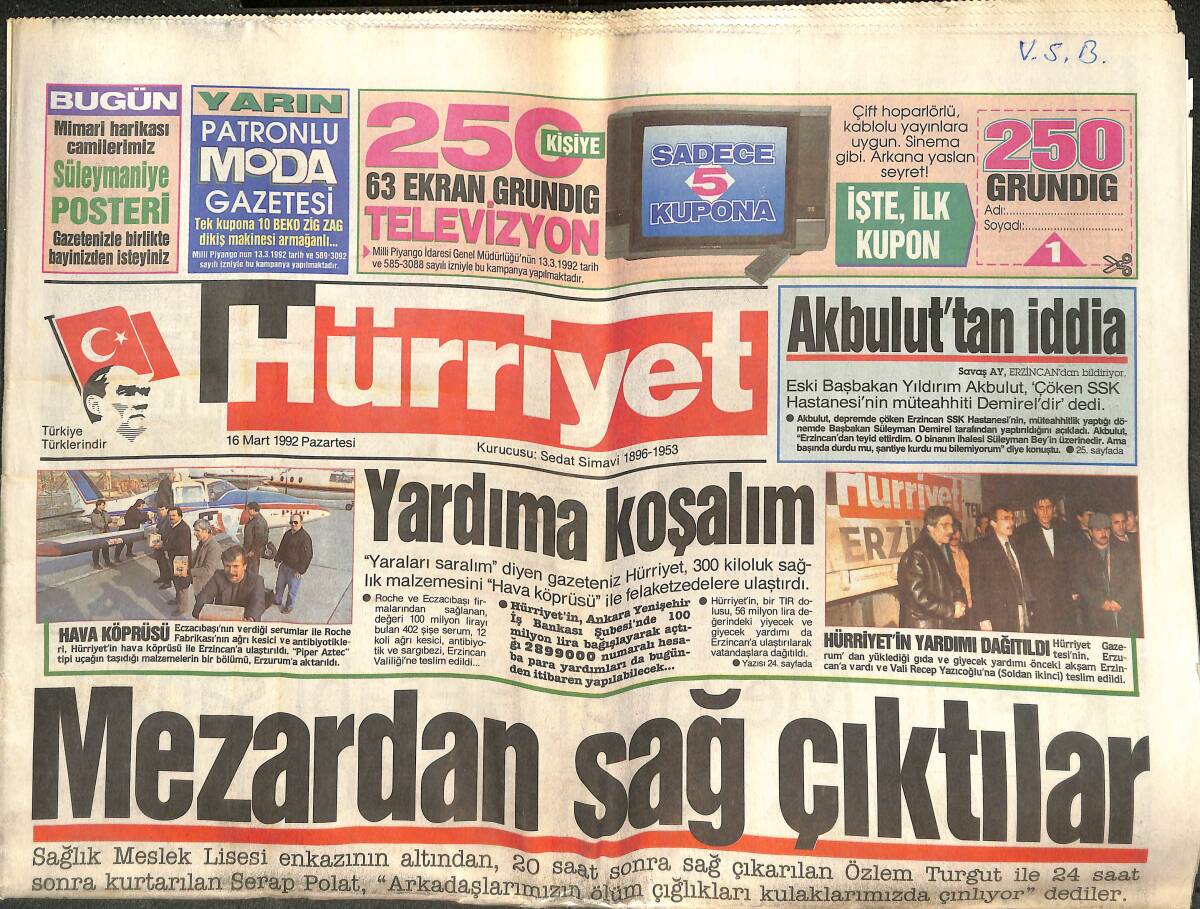Hürriyet Gazetesi 16 Mart 1992 - TBMM'de Kıyasıya Kavga - Erzincan'dan Kaçış Başladı - Akbulut'tan İddia GZ142377 - 1