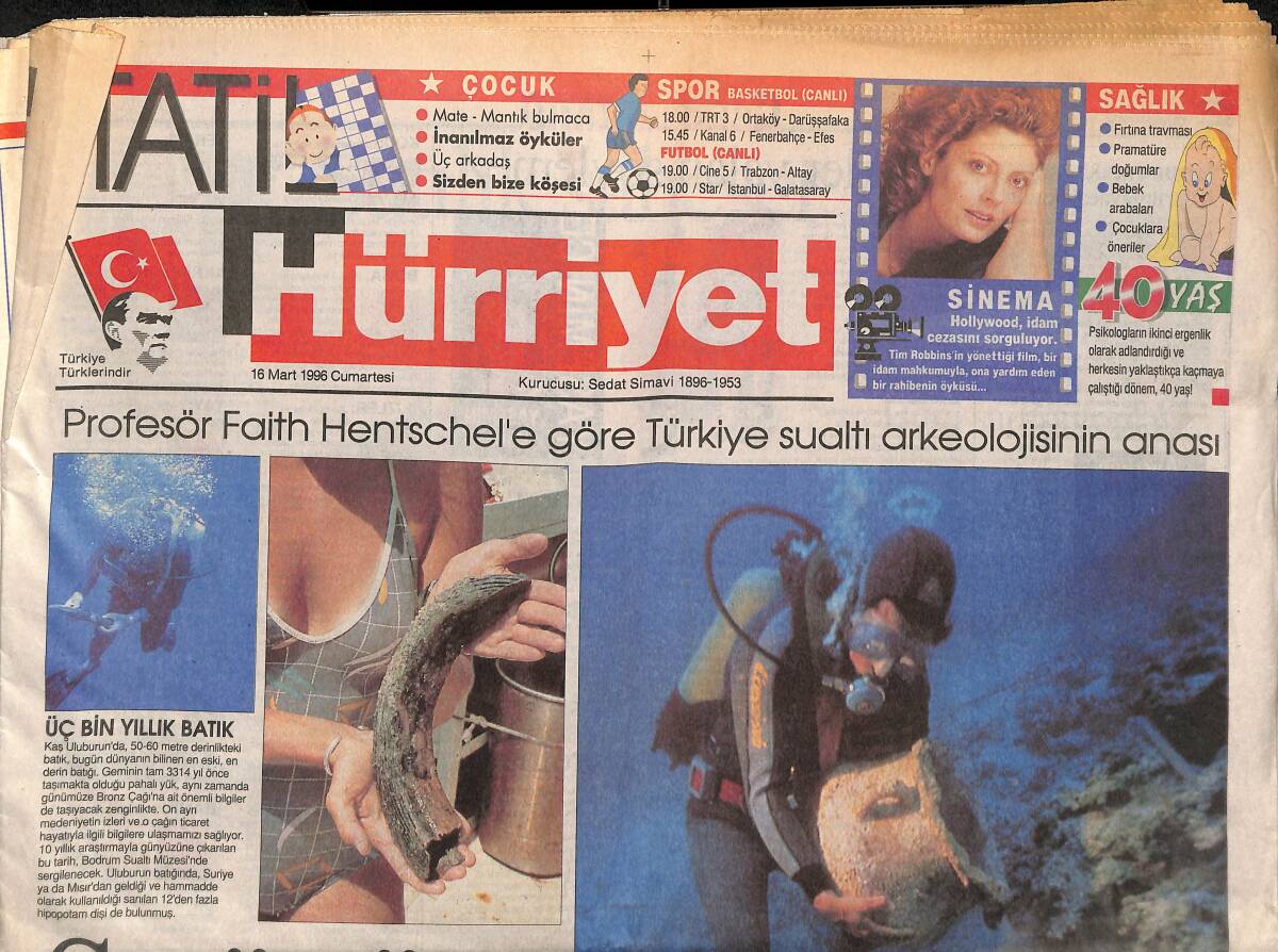 Hürriyet Gazetesi 16 Mart 1996 - Profesör Faith Hentschel'e Göre Türkiye Sualtı Arkeolojisinin Anası GZ153719 - 1